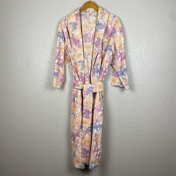 Vintage 80s Handmade Womens L/XL Cotton Pastel Floral Robe Housecoat Cottage - Picture 1 of 9